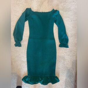 Baltic Born Teal Smocked Off-Shoulder Long Sleeve Dress